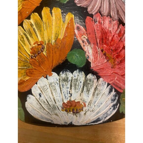 Vintage Hand Painted Pottery Jar Black Glaze Floral Folk Art Vase Rustic Décor - Picture 7 of 8